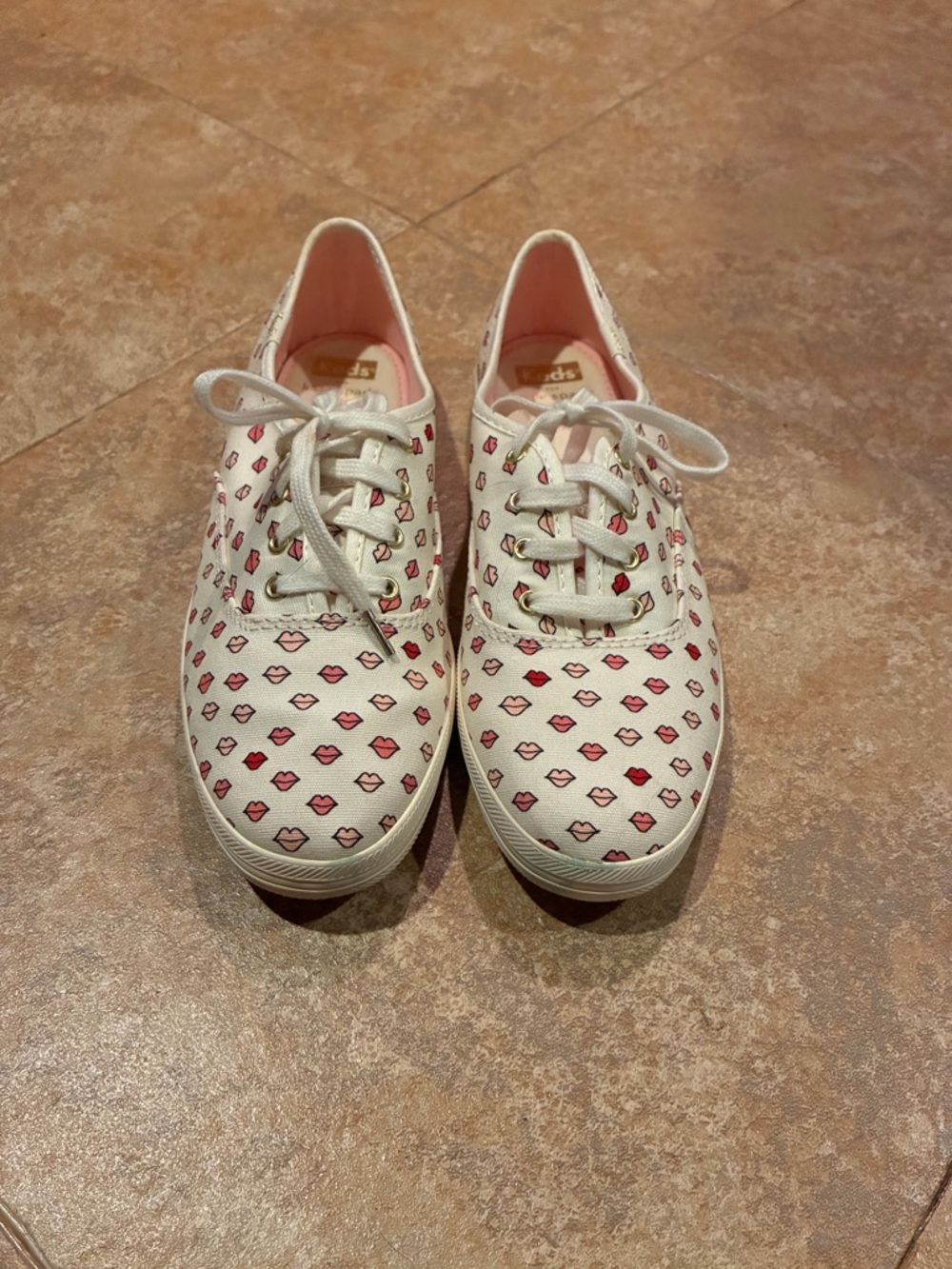 Kate Spade Keds White Canvas Sneakers with Pink Lip Print - Women's